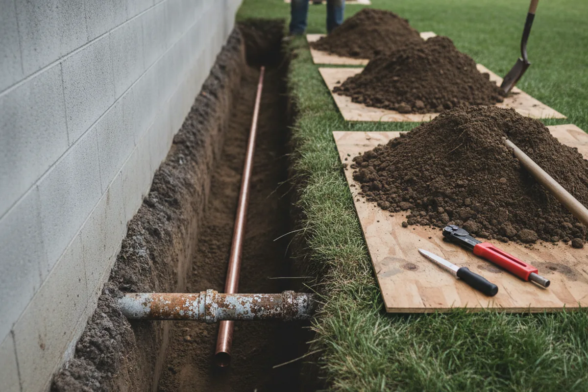 Excavated water line trench during Water Softener Installation in University Center